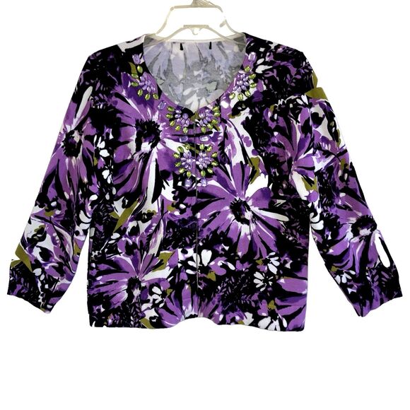 Style & Co. Tops - STYLE & CO sz L Purple Floral Rhinestone Smooth Knit Cardigan Top Green